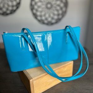 Hobo Patent Leather Shoulder Bag - Turquoise with orange interior